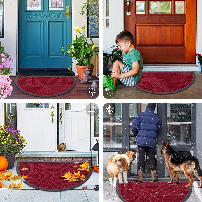 Smiry Half Circle Front Door Mat Outside Entrance, Heavy Duty Sturdy Natural Rubber Doormat, Trap Dirt and Moisture, Low Profile Mats for Indoor Outdoor Entry, Irregular Triangle (47x32, Wine Red)