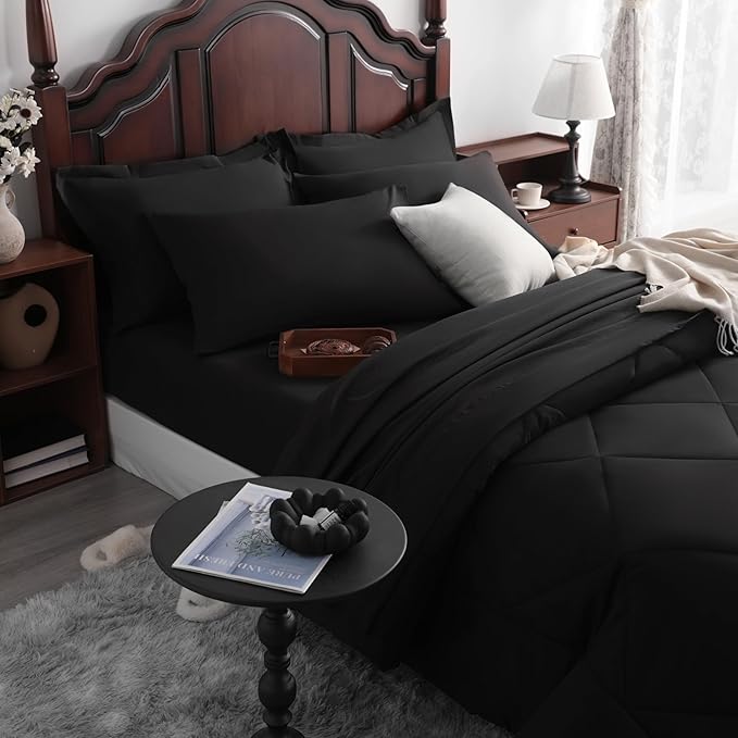 NTBAY Queen Comforter Set with Sheets, 7 Pieces Soft and Breathable Queen Bedding Set, Bed in a Bag, Down Alternative Comforter Set Solid Color All Season, Queen Bedding Set, Black