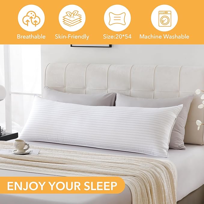 Oubonun Premium Striped Body Pillow, Breathable Cooling Cotton Cover, Soft and Fluffy 3D Down Alternative Microfiber Filled, Long Bed Pillow for Side Sleepers, 20"x54"