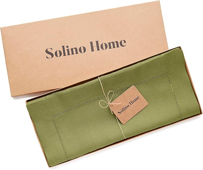 Solino Home Linen Avocado Green Table Runner 72 Inches Long - 100% Pure Linen Hemstitch Table Runner 14 x 72 Inch for Dresser, Dining - Classic Hemstitch