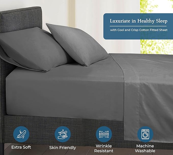 Royale Linens 400 Thread Count 100% American Grown Cotton Fitted Sheet Twin Size - All Around Elastic Fitted Sheet - Luxury Sateen Weave - Snug Fit Bottom Sheets Fit Up to 16" (Twin,Spanish Slate)