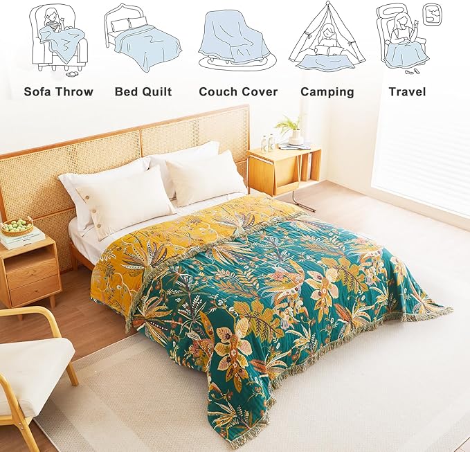 MSGKV Boho Throw Blanket for Couch 100% Cotton Embroidery Blanket 50"x60" Sofa Bed Chair Muslin Breathable All Seasons Lightweight Farmhouse Blankets Home Decor