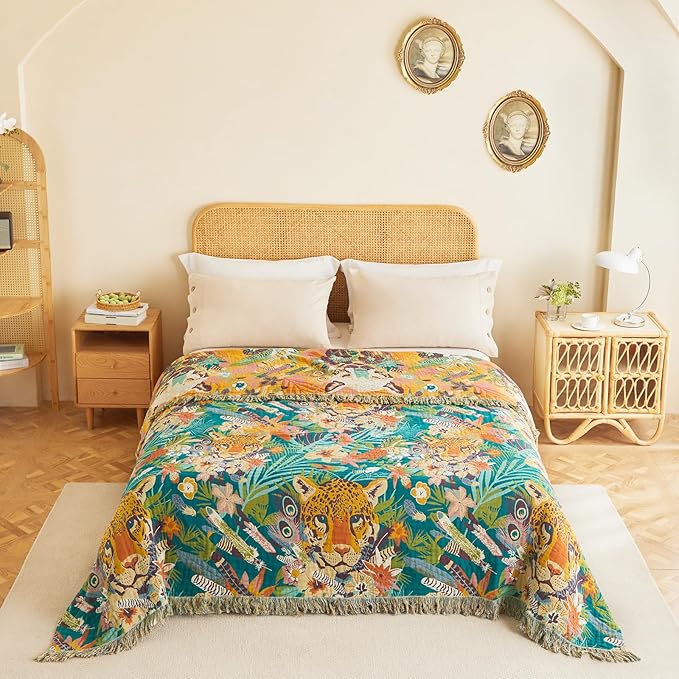 MSGKV Throw Blanket for Couch Cotton Leopard Animals Blanket 50"x60" Sofa Chair Blankets Muslin Breathable All Seasons Lightweight Farmhouse Blankets Home Decor