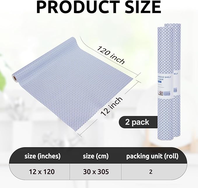RAY STAR 12X120 Inch Shelf Liner for Kitchen Cabinets, Non-Adhesive Cabinet Liner Washable, PVC Drawer Liner for Dresser Non-Slip Bathroom (Blue Circle)(2 Roll)