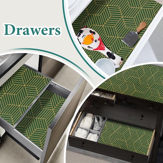 Shelf Liners for Kitchen Cabinets 12in x 30FT, Non Adhesive Cabinet Liner Strong Non-Slip Thickened Gold Green Geometric Drawer Liner, Easy to Clean for Shelf, Cabinet with Knife and Tape Measure