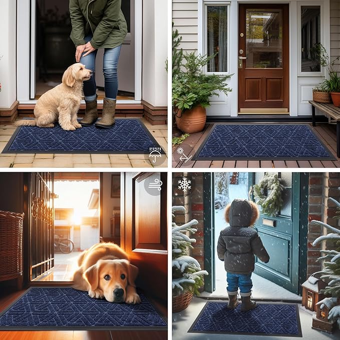 Smiry Front Door Mat Outside Entrance, Heavy Duty Sturdy Natural Rubber Doormat, Trap Dirt and Moisture, Easy Clean Low Profile Mats for Indoor Outdoor Entry, Grid Geometric (36x24, Navy Blue)