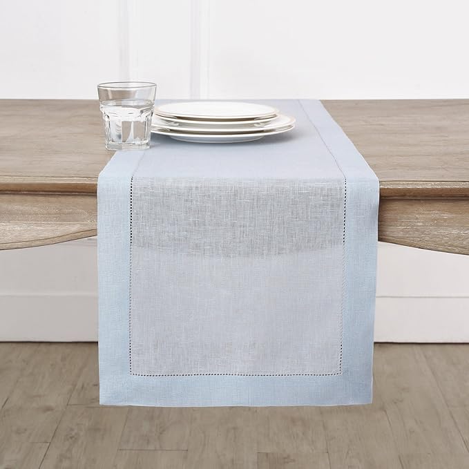 Solino Home Linen Light Blue Table Runner 48 Inches - Classic Hemstitch, 100% Pure Linen Coffee Table Runner 14 x 48 Inch Ideal for Dresser Tables, Christmas, New Year