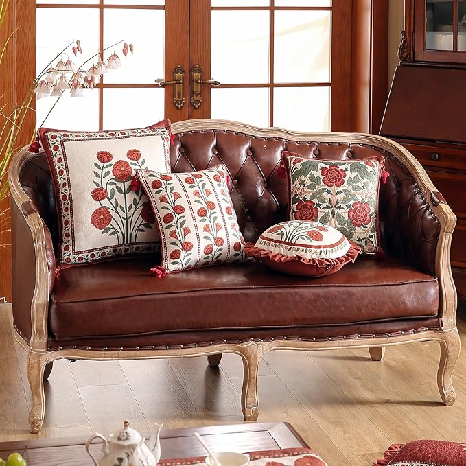 Vintage Square Throw Pillow Covers,Red Cozy Velvet with Leaves and Floral Pattern Pillowcases,Decoration Pillows Cushion Covers for Living Room Couch Sofa Bed Car Chair,18"x18"