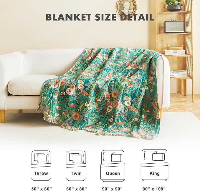 MSGKV Boho Throw Blanket 50"x60" Floral Blankets for Couch 100% Cotton Chair Sofa Throws Lightweight Farmhouse Muslin Breathable Bed Blankets Home Decor All Seasons