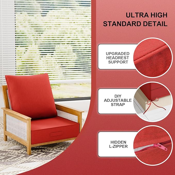 Outdoor Olefin Water-Resistant Deep Seat Cushion Set, 2PCS Weather and Fade Resistant 24''x 24''x 6'' Patio Furniture Seat Cushion, Thickened Sofa Chair Pad for Lawn, Garden, Red