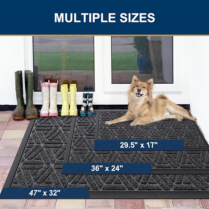 Smiry Front Door Mat Outside Entrance, Heavy Duty Sturdy Natural Rubber Doormat, Trap Dirt and Moisture, Easy Clean Low Profile Mats for Indoor Outdoor Entry, Grid Geometric (71x24, Grey)