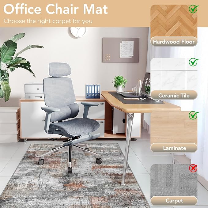 Office Chair Mat for Hardwood Floor&Tile Floor,48"X 60" Heavy Duty Desk Chair Mat for Hard Floors,Under Desk Rug for Rolling Computer Chair,Anti Slip,Low Pile Carpet Floor-Abstract Grey