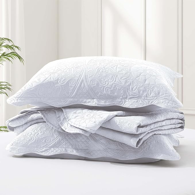 IR Imperial Rooms Twin Quilt Bedding Set Size (68” x 86”) + 1 Pillow Shams (20” x 26” + 2”) - 2 Pcs All Season Lightweight Reversible Microfiber Coverlet Floral Embossed Quilt Bedspread (White)