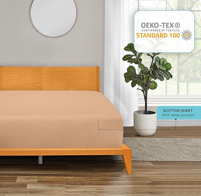 ROYALE LINENS 300 Thread Count 100% Long Staple Combed Cotton Fitted Sheet Twin XL - Super Soft Deep Pocket Bottom Sheet - Fitted Sheets Only - Elastic Sheets (Twin XL, Sand)