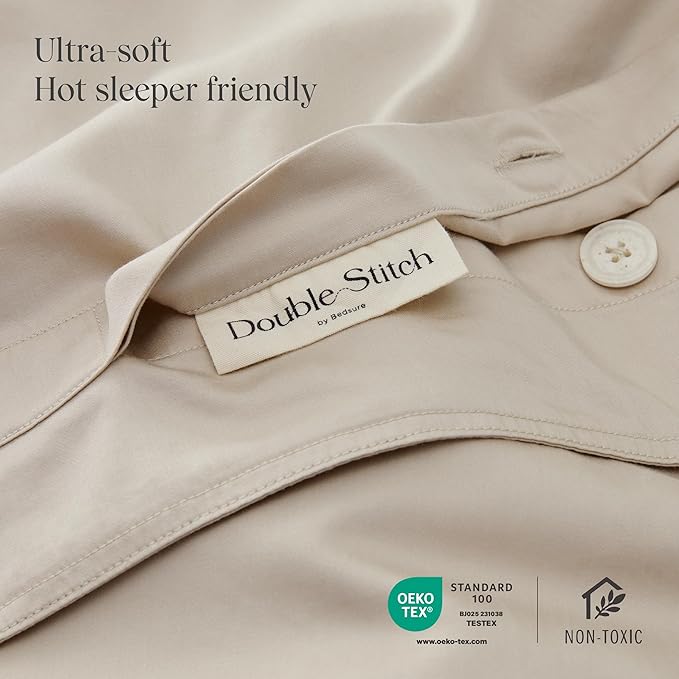 Double Stitch Cotton Tencel Duvet Cover - King Size Comforter Cover, Luxury & Soft Eucalyptus Lyocell Bedding Set for Hot Sleepers, Cooling & Breathable, Button Closure, Sandstone, 106"x90"