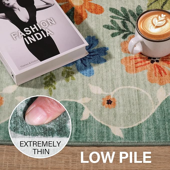 DUKINO Floral Round Rug, 6ft Washable Circle Rug, Non Slip Indoor Low Pile Circle Rug, Soft Small Boho Design Carpet for Bedroom, Entryway, Living Room, Dining Room, Green