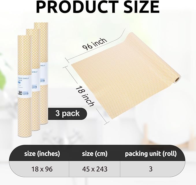 RAY STAR 18X96 Inch Shelf Liner for Kitchen Cabinets, Non-Adhesive Cabinet Liner Washable, PVC Drawer Liner for Dresser Non-Slip Bathroom (Yellow Circle)(3 Roll)