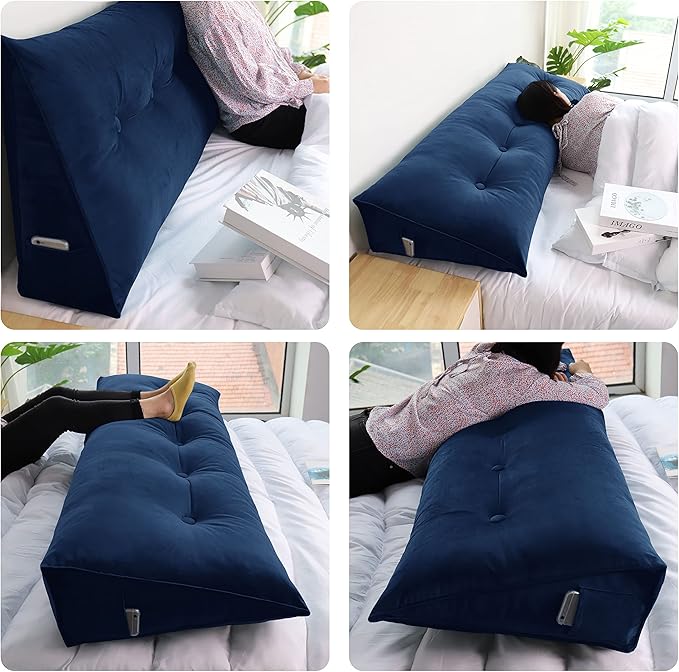 Wedge Headboard Pillow Dorm Room Reading Pillow Back Support for Sitting Up in Bed Bolster Lumbar Cushion Body Positioning Bedrest Velvet 54in Navy Blue Full
