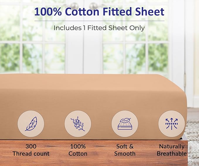ROYALE LINENS 300 Thread Count 100% Long Staple Combed Cotton Fitted Sheet California King - Super Soft Deep Pocket Bottom Sheet - Fitted Sheets Only - Elastic Sheets (Cal King, Sand)