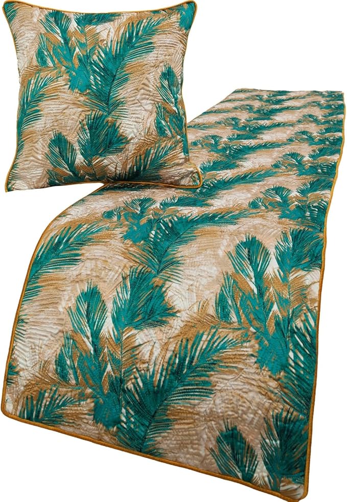 The HomeCentric King/Queen/Twin Green Decorative Queen 74"x18" Bed Runner with 2 Pillow Cover, Plam Leaves & Quilted Bed Scarf on Satin Fabric - Palms