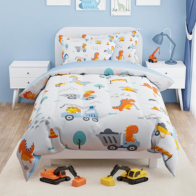 SANDJEST Dinosaur Comforter Set Twin Size 68x86in for Kids Boys, Microfiber 3 Pcs Bedding Set Includes 1 Comforter, 1 Pillowcase, 1 Fitted Sheet, Nursery Room Decor