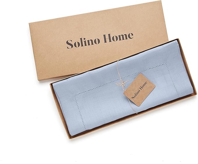 Solino Home Sky Blue Table Runner 90 Inches Long - 100% Pure Linen Hemstitch 14 x 90 Inch Table Runner for Dining, Holiday, Christmas, New Year - Classic Hemstitch