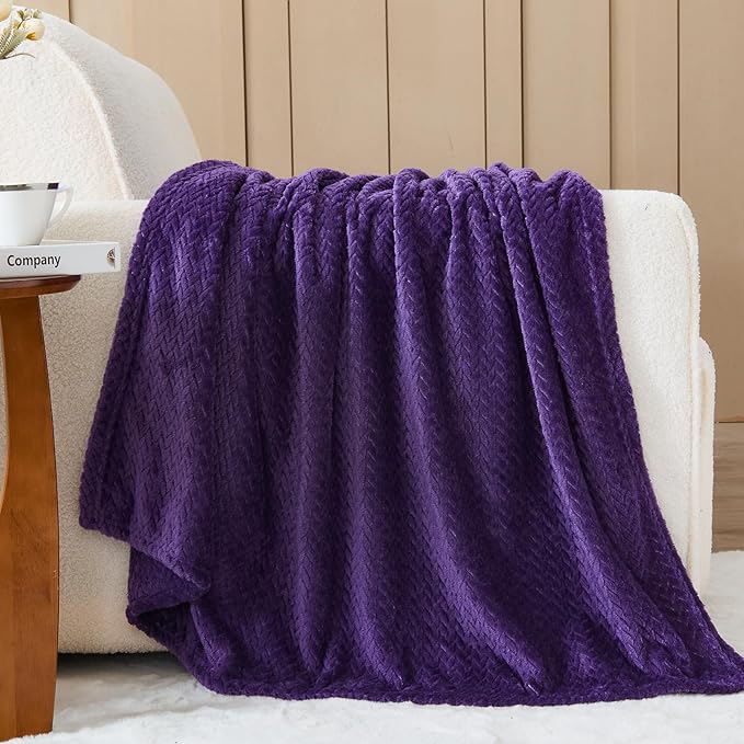 NEWCOSPLAY Super Soft King Blanket Dark Purple Premium Silky Flannel Fleece Leaves Pattern Lightweight Bed Blanket All Season Use (Dark Purple, King(90"x110"))