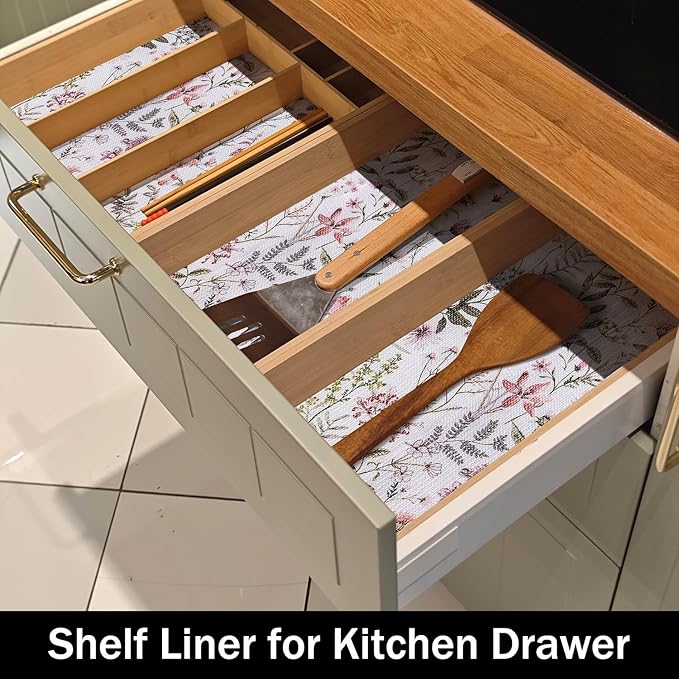 Floral Leaf Shelf Liners Strong Non-Slip and Non Adhesive 12IN x 20FT Shelf and Drawer Liners for Kitchen Cabinet Wire Fridge, Waterproof Shelf Drawer Liner,Easy to Clean