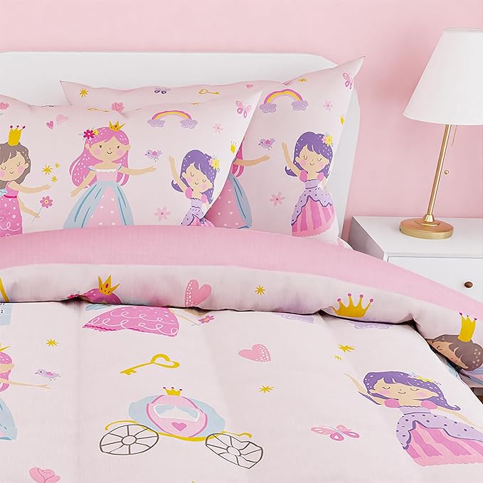 SANDJEST Princess Comforter Set Twin Size 68x86in for Kids Girls, Microfiber 3 Pcs Bedding Set Includes 1 Comforter, 1 Pillowcase, 1 Fitted Sheet, Nursery Room Decor