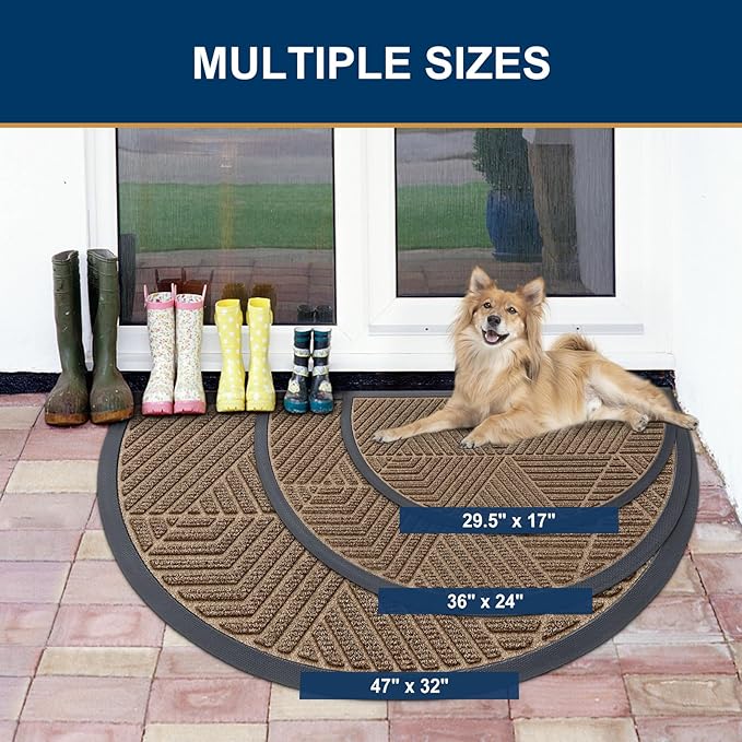Smiry Half Circle Front Door Mat Outside Entrance, Heavy Duty Sturdy Natural Rubber Doormat, Trap Dirt and Moisture, Low Profile Mats for Indoor Outdoor Entry, Irregular Triangle (36x24, Brown)