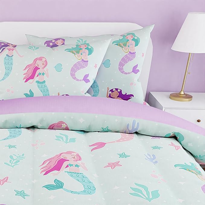 SANDJEST Mermaid Comforter Set Twin Size 68x86in for Kids Girls, Microfiber 3 Pcs Bedding Set Includes 1 Comforter, 1 Pillowcase, 1 Fitted Sheet, Nursery Room Decor