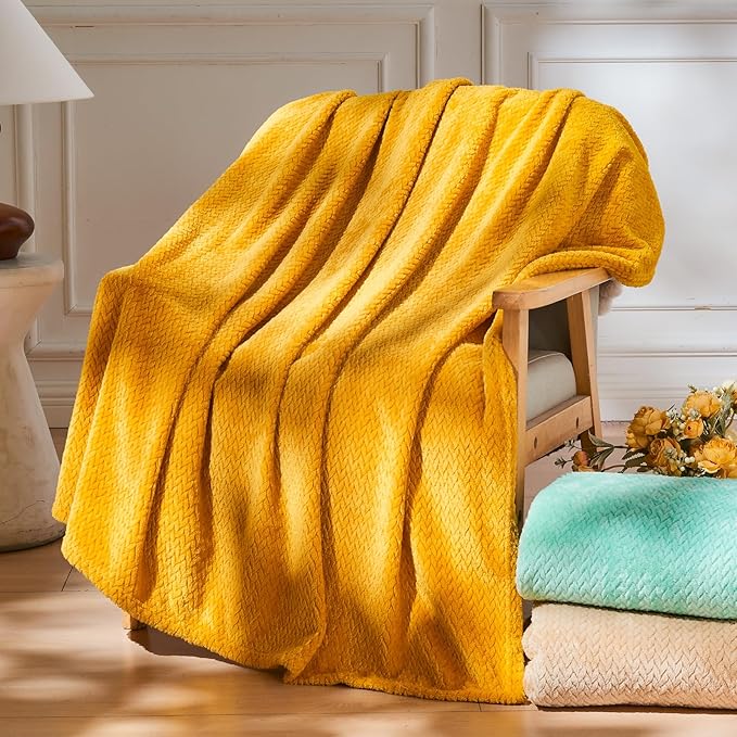 NEWCOSPLAY Super Soft Queen Blanket Mustard Yellow Premium Silky Flannel Fleece Leaves Pattern Lightweight Bed Blanket All Season Use (Mustard Yellow, Queen(90"x90"))