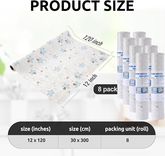RAY STAR 12X120 Inch Shelf Liner for Kitchen Cabinets, Non-Adhesive Cabinet Liner Washable, PVC Drawer Liner for Dresser Non-Slip Bathroom (Floral)(8 Roll)