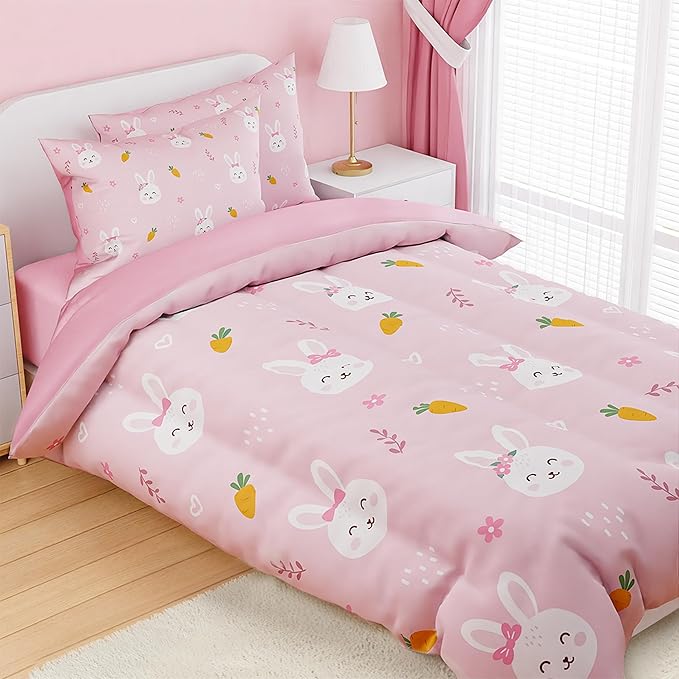 SANDJEST Rabbit Comforter Set Twin Size 68x86in for Kids Girls, Microfiber 3 Pcs Bedding Set Includes 1 Comforter, 1 Pillowcase, 1 Fitted Sheet, Nursery Room Decor