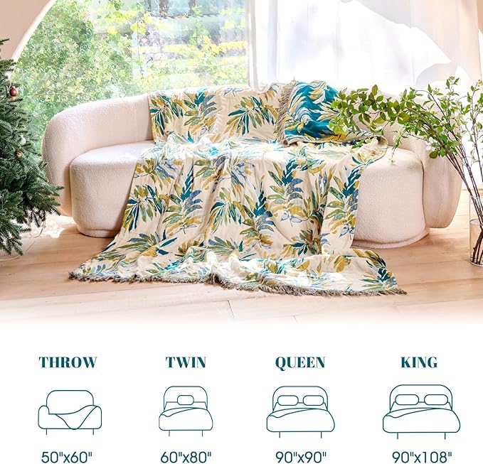 MSGKV Boho Throw Blanket for Bed Cotton 60"x80" Leaves Blanket Twin Size Couch All Seasons Muslin Breathable Lightweight Farmhouse Blankets