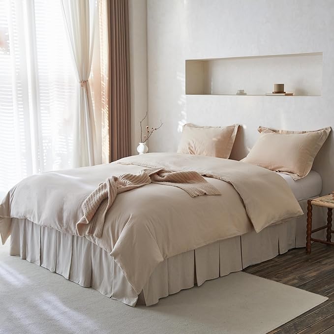 BISELINA French Linen Pleated Bed Skirt, 14" Tailored Draped Natural Linen-Cotton Blend Basic Dust Border Soft Comfort Farmhouse Bedding (14" Queen, Linen)