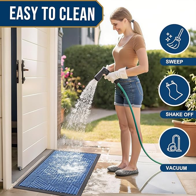 Smiry Front Door Mat Outside Entrance, Heavy Duty Sturdy Natural Rubber Doormat, Trap Dirt and Moisture, Easy Clean Low Profile Mats for Indoor Outdoor Entry, Irregular Triangle (47x32, Blue)