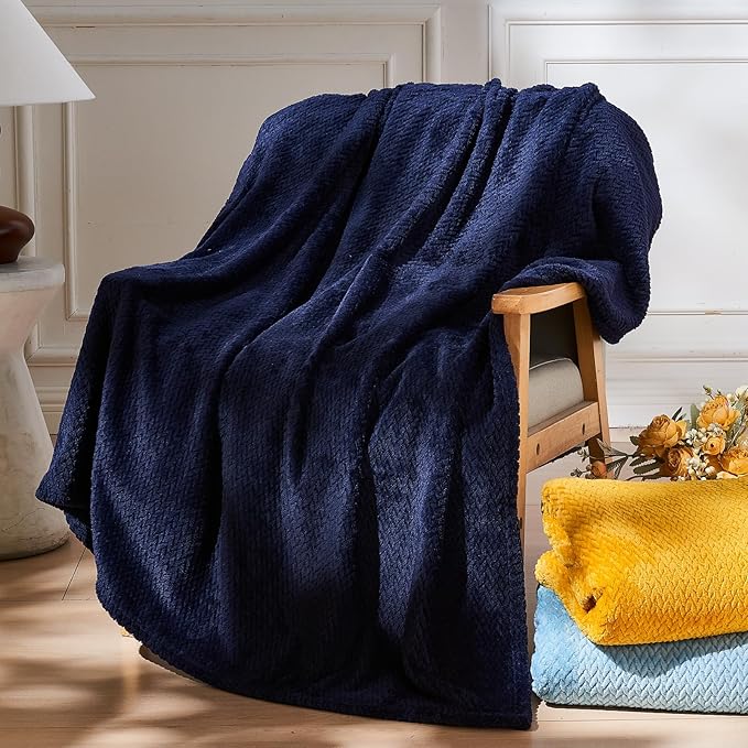 NEWCOSPLAY Super Soft Twin Blanket Dark Navy Premium Silky Flannel Fleece Leaves Pattern Lightweight Bed Blanket All Season Use (Dark Navy, Twin(60"x80"))