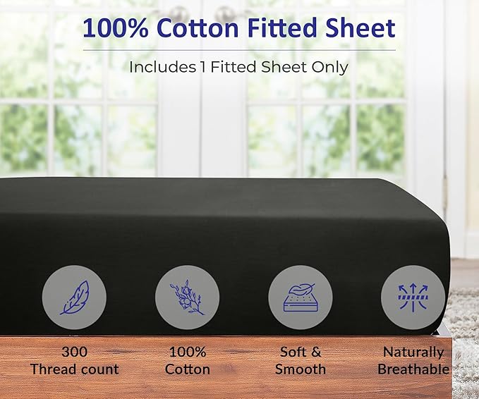 ROYALE LINENS 300 Thread Count 100% Long Staple Combed Cotton Fitted Sheet King - Super Soft Deep Pocket Bottom Sheet - Fitted Sheets Only - Elastic Sheets (King, Black)