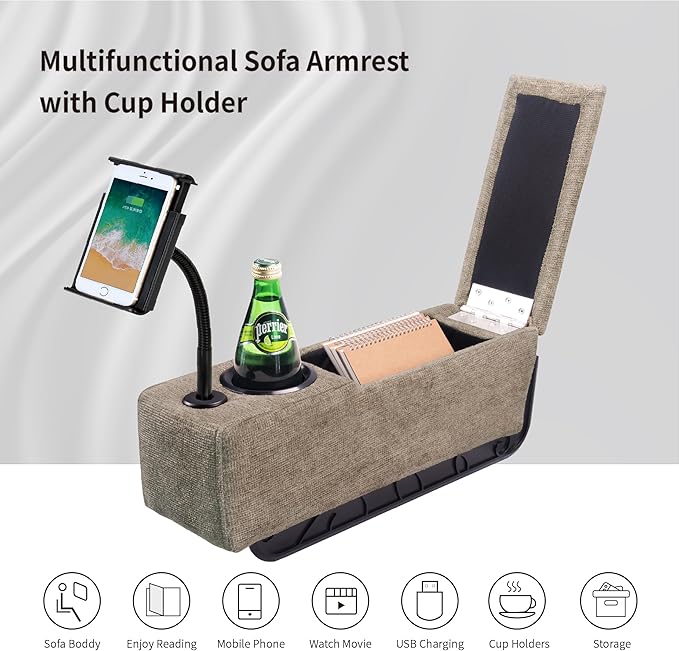 Multifunctional Sofa Armrest, Couch Armrest with Wireless Charge Stand, Removable Couch Caddy with Storage,Including LED Reading Light,Latte