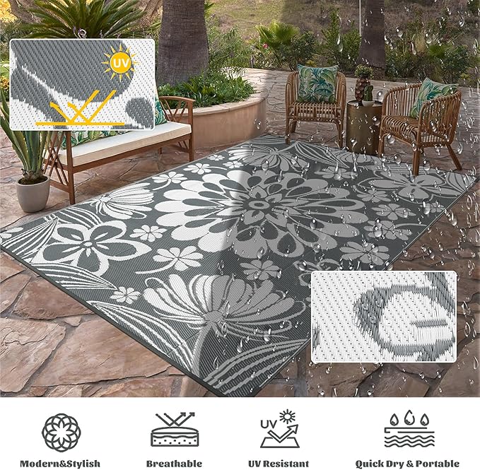 Ileading Outdoor Plastic Straw Rug 8x10ft Funny Floral Style Reversible Patio Area Rugs Waterproof Non Shedding Portable Carpets for Rv Outside Deck Pool Beach Picnic Camping (Grey)