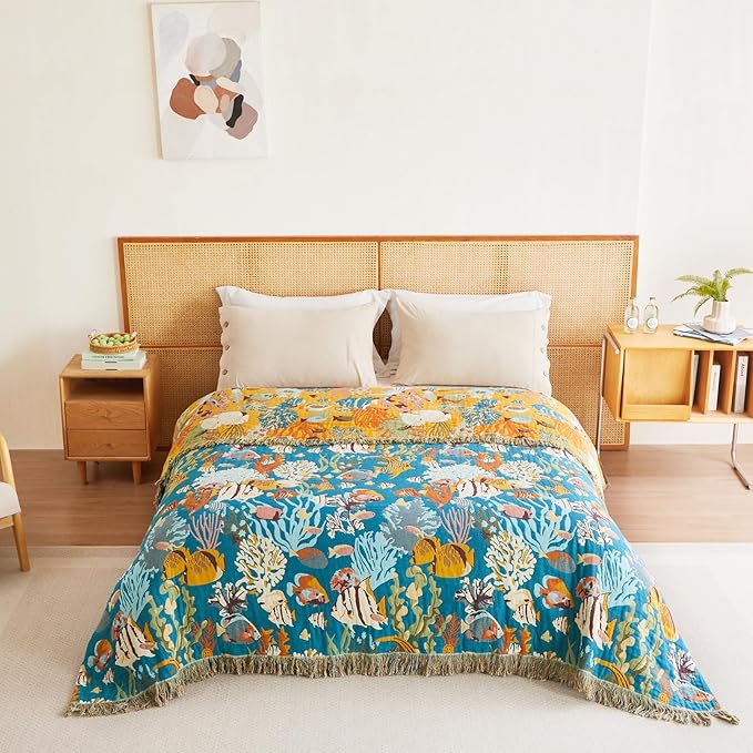 MSGKV Throw Blanket for Bed Cotton Cute Ocean Animals Twin Size Couch Blanket 60"x80" Muslin Breathable All Seasons Lightweight Farmhouse Home Decor