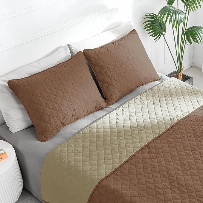 Easy-Going Twin Size Reversible Quilt Set with 1 Quilt and 1 Pillow Sham, Soft Bed Quilt Cover, Water Resistant Lightweight Microfiber Bedspread, Stain Resistant, Brown/Beige
