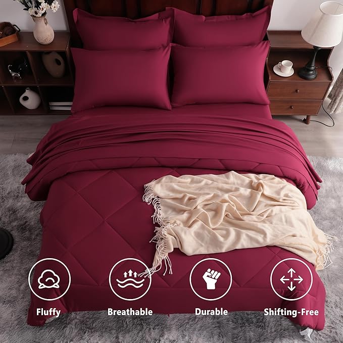 NTBAY Queen Comforter Set with Sheets, 7 Pieces Soft and Breathable Queen Bedding Set, Bed in a Bag, Down Alternative Comforter Set Solid Color All Season, Queen Bedding Set, Wine Red