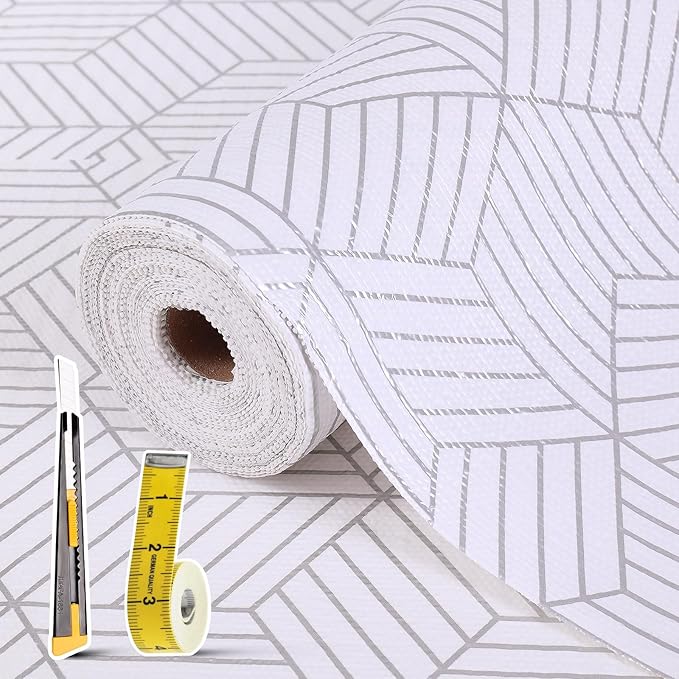 Shelf Liners for Kitchen Cabinets 12in x 30FT, Non Adhesive Cabinet Liner Strong Non-Slip Thickened Silver Geometric Easy to Clean for Shelf, Cabinet, Refrigerator with Knife and Tape Measure