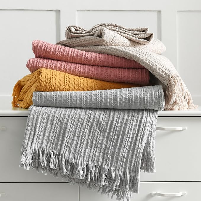 100% Cotton Waffle Blanket with Fringe, Pre-Washed Waffle Weave Blanket for All Season, Lightweight Breathable Soft Cozy Throw Blanket for Couch, Bed, Travel (Light Grey - 66x90 Inches)