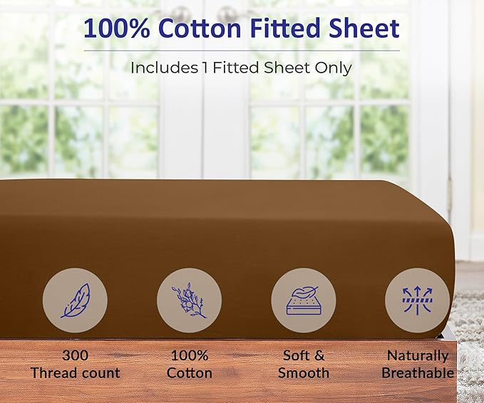ROYALE LINENS 300 Thread Count 100% Long Staple Combed Cotton Fitted Sheet Twin - Super Soft Deep Pocket Bottom Sheet - Fitted Sheets Only - Elastic Sheets (Twin, Chocolate)