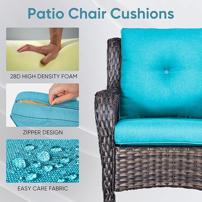 Outdoor Chair Cushions 3 Packs - Outside High Back Thick Water-Resistant Cushion 22x24 with Zipper Cover for Patio Glider Rocking Chairs Loveseat Couch – Teal/Buckle