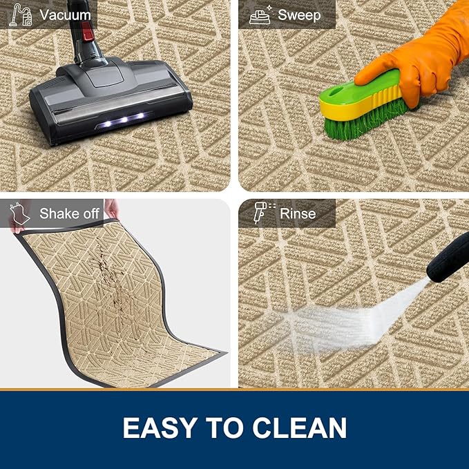 Smiry Front Door Mat Outside Entrance, Heavy Duty Sturdy Natural Rubber Doormat, Trap Dirt and Moisture, Easy Clean Low Profile Mats for Indoor Outdoor Entry, Grid Geometric (71x24, Beige)