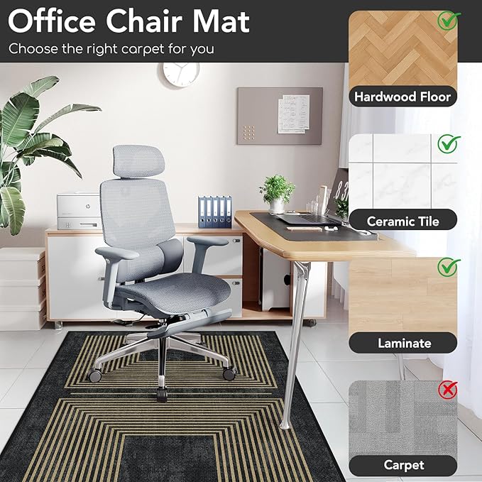 Office Chair Mat for Hardwood Floor&Tile Floor,48"X 60" Heavy Duty Desk Chair Mat for Hard Floors,Under Desk Rug for Rolling Computer Chair,Anti Slip,Low Pile Carpet Floor-Geo Black